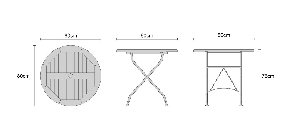 Bistro Teak Round Folding Table 80cm - Dimensions